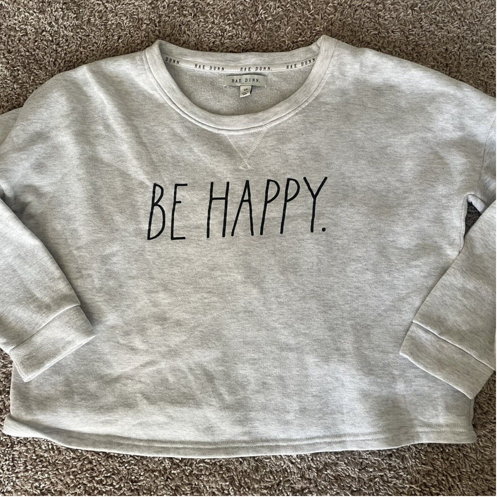 Rae Dunn Be Happy Cropped Sweatshirt Womens S Gray Crewneck Drop Shoulder